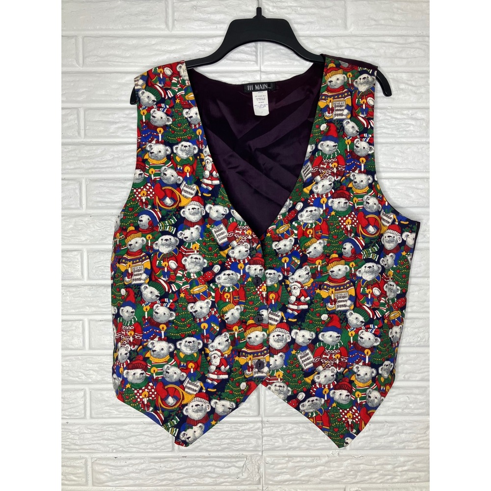 111 Main Christmas Vest Mens 1X Multicolor Good Caroling Polar Bear Holiday‎
